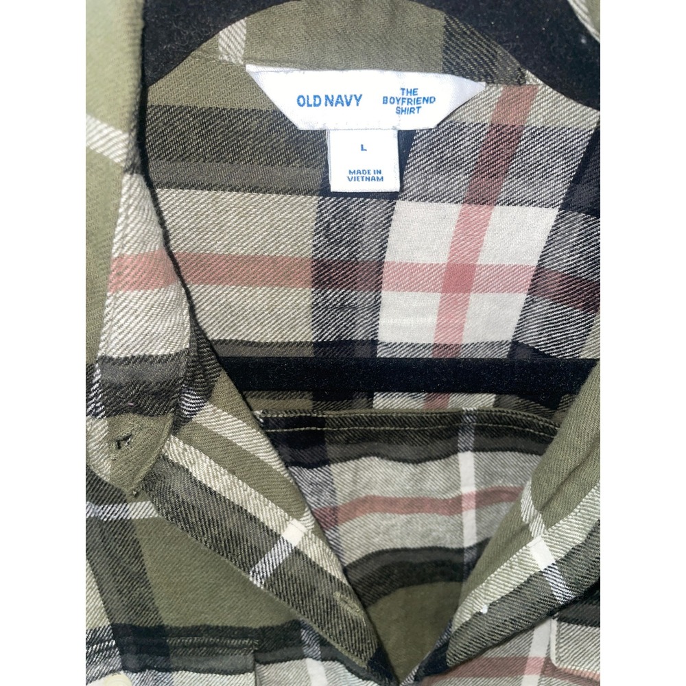 Old Navy The Boyfriend Shirt Olive Green Plaid Cotton Button Down Womens Large - Picture 2 of 4